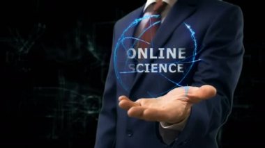 İşadamı kavramı hologram Online bilim elini üzerinde gösterir.