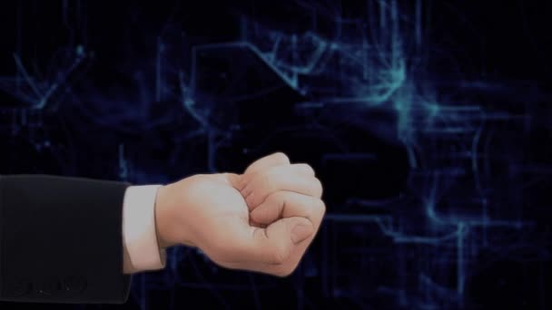 Bemalte Hand zeigt Konzept-Hologramm-Werbung auf seiner Hand — Stockvideo