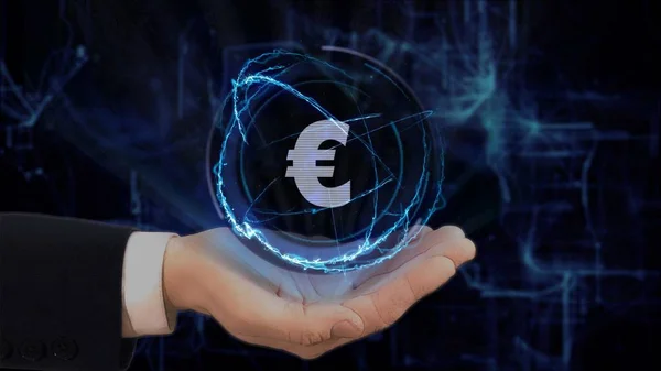 Hand toont concept hologram Euro teken op zijn hand geschilderd — Stockfoto