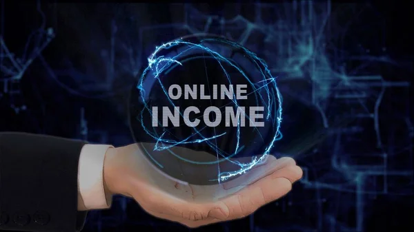 Painted hand shows concept hologram Online income on his hand — Stock Photo, Image
