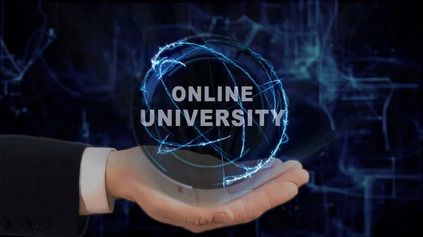 Painted hand shows concept hologram Online university on his hand