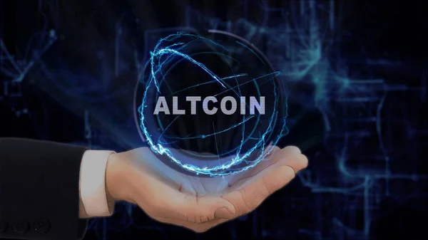 Painted hand shows concept hologram Altcoin on his hand — Stock Photo, Image