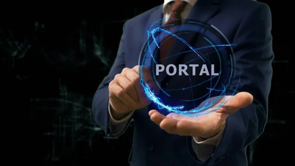 Empresário mostra conceito holograma Portal em sua mão — Fotografia de Stock