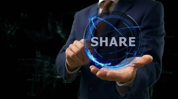 Empresario muestra concepto holograma Compartir en su mano —  Fotos de Stock