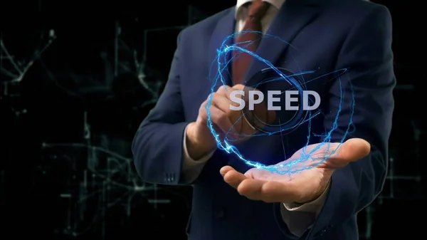 Empresario muestra concepto holograma Velocidad en su mano —  Fotos de Stock