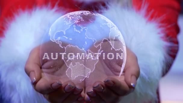 Händerna håller planeten med text Automation — Stockvideo