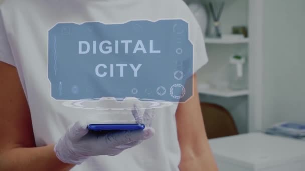 Doctor with hologram Digital city — 图库视频影像