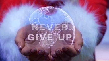Hands holding planet with text Never give up