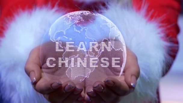 Manos sosteniendo el planeta con texto Aprender chino — Vídeos de Stock