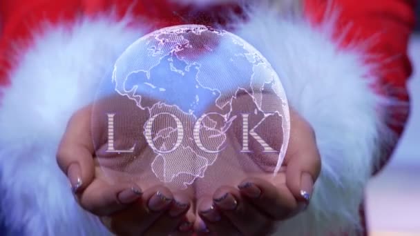 Hands holding planet with text Lock — Stock video