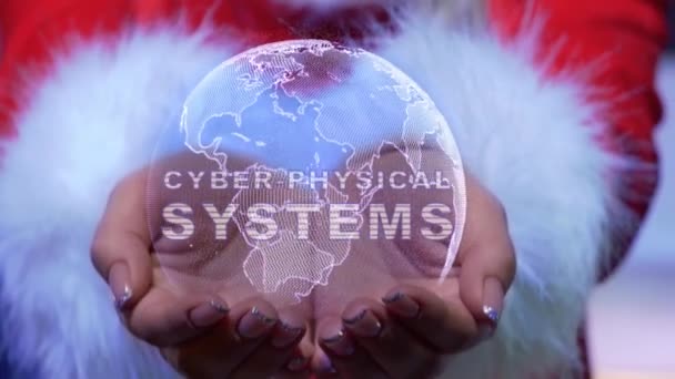 Tangan memegang planet dengan teks sistem Cyber-fisik — Stok Video