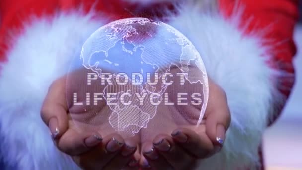 Mani che tengono il pianeta con testo Cicli di vita del prodotto — Video Stock