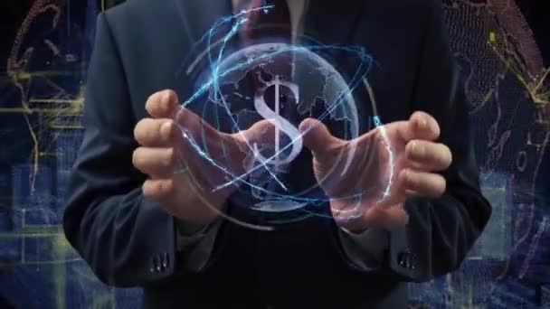 Male hands activate hologram Sign USD — Αρχείο Βίντεο