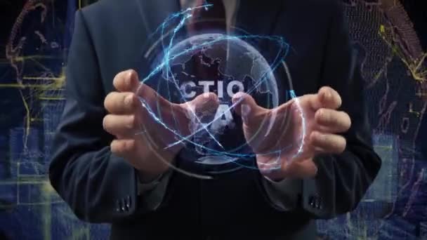 Male hands activate hologram Action plan — Stockvideo