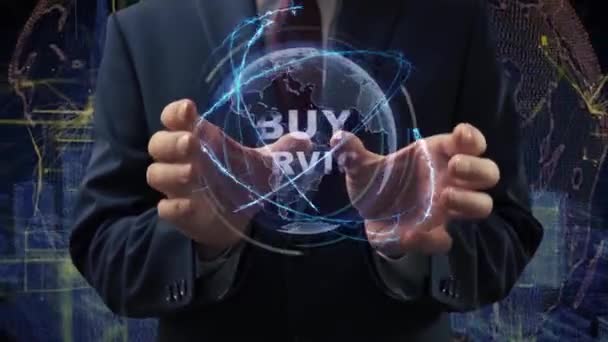 Male hands activate hologram Buy service — Αρχείο Βίντεο