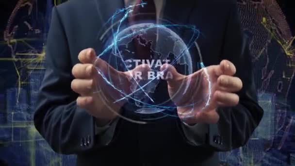 Male hands activate hologram Activate your brain — Stok video