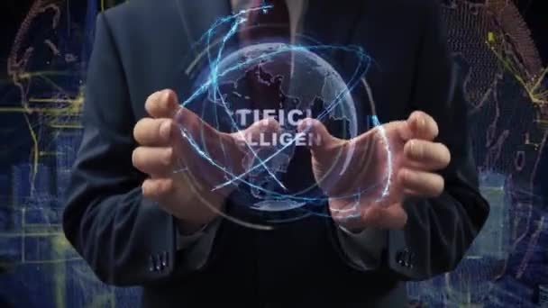 Male hands activate hologram Artificial Intelligence — Stockvideo