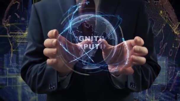 Male hands activate hologram Cognitive computing — Stok video