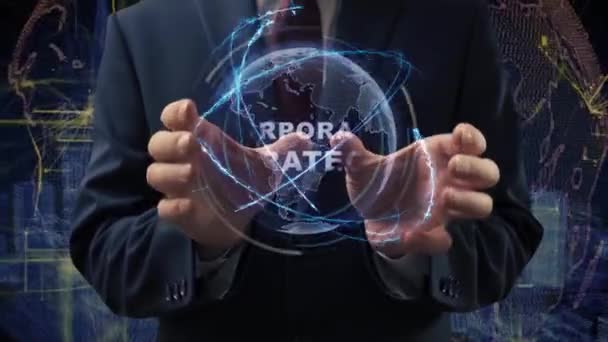 Mãos masculinas ativam holograma Estratégia corporativa — Vídeo de Stock
