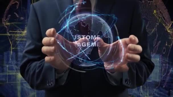 Male hands activate hologram Customer engagement — Αρχείο Βίντεο