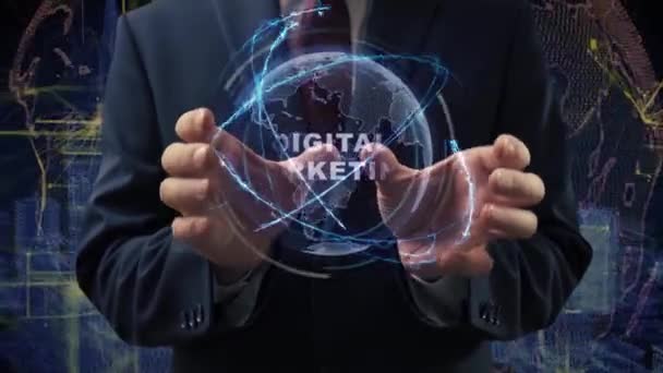 Manos masculinas activan holograma Marketing digital — Vídeo de stock