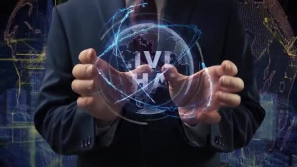 Mãos masculinas ativam holograma Chat ao vivo — Vídeo de Stock