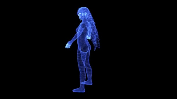 Holograma de um corpo feminino rotativo de partículas — Vídeo de Stock