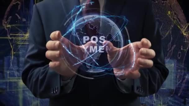 Male hands activate hologram POS Payment — Stock Video