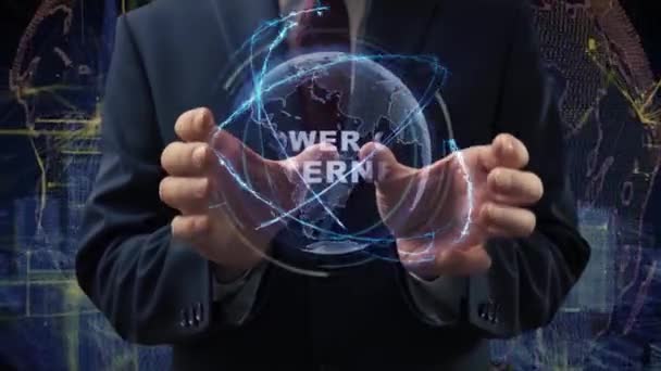 Manos masculinas activan holograma Poder de internet — Vídeo de stock