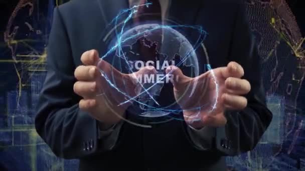 Male hands activate hologram Social commerce — Stock Video