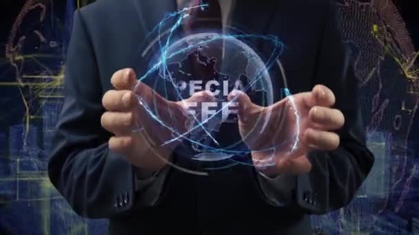 Mãos masculinas ativam holograma Oferta especial — Vídeo de Stock