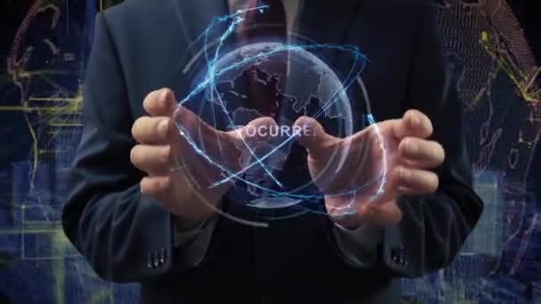 Man handen activeren hologram Cryptogeld — Stockvideo