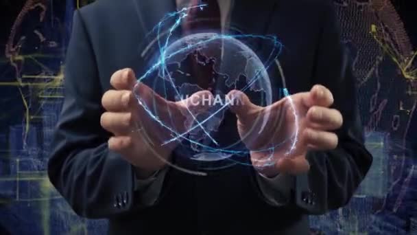 Mãos masculinas ativam holograma Omnichannel — Vídeo de Stock