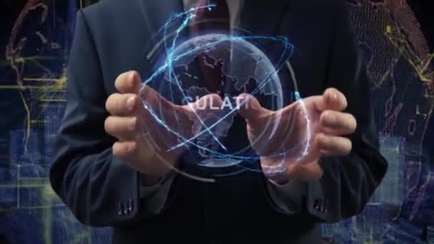 Mãos masculinas ativam regulamento do holograma — Vídeo de Stock