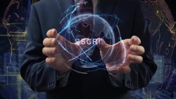 Male hands activate hologram Subscribe — Stock Video