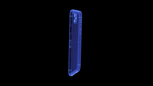 Hologram van een draaiende smartphone met een drievoudige camera van deeltjes — Stockvideo