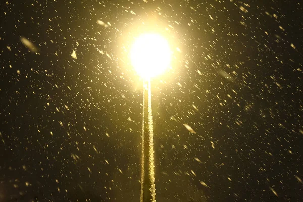 Lâmpada de rua em queda de neve — Fotografia de Stock