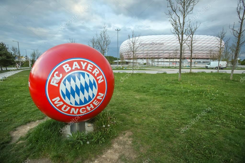 MUNICH, GERMANY - MAY 6, 2017 : A large red ball with Bayern Munchen football team logo on the parking lot of Allianz Arena in Munich, Germany.