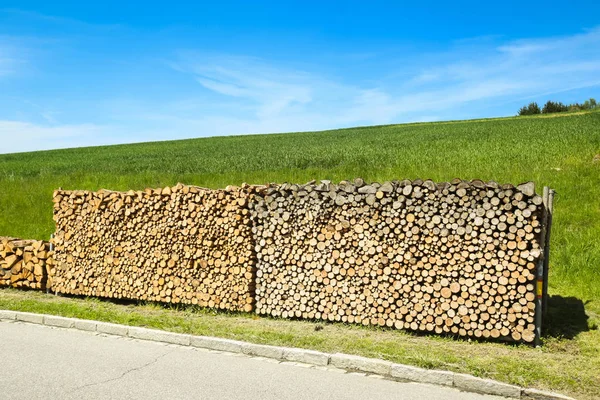 Brennholz auf dem Land gestapelt — Stockfoto