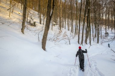 Karlı dağ adam uzun yürüyüşe çıkan kimse