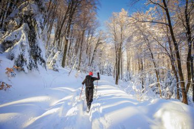 Karlı dağ adam uzun yürüyüşe çıkan kimse