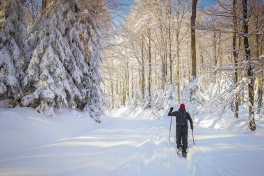 Karlı dağ adam uzun yürüyüşe çıkan kimse