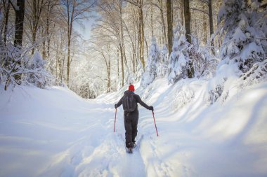 Karlı dağ adam uzun yürüyüşe çıkan kimse