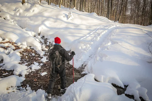 Mannen hiker på en snöig berg — Stockfoto