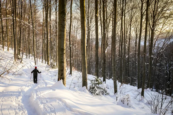 Mann wandert auf einem verschneiten Berg — Stockfoto