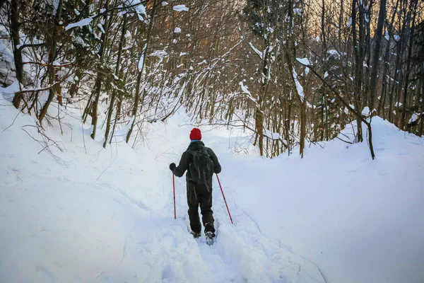 Mannen hiker på en snöig berg — Stockfoto