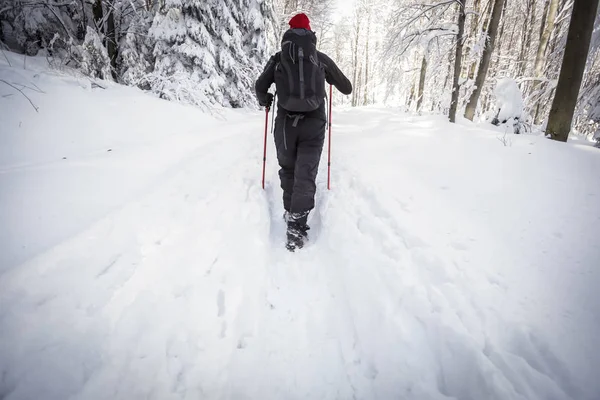 Mannen hiker på en snöig berg — Stockfoto