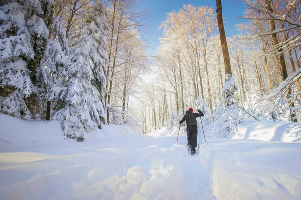 Homme randonneur sur une montagne enneigée — Photo