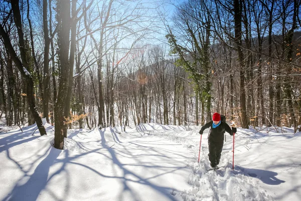 Természetjáró gyaloglás-ra egy havas hegy — Stock Fotó