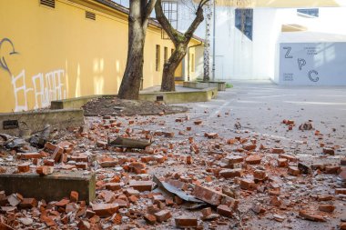 Zagreb, Croatia - March 22, 2020 :Capital of Croatia, Zagreb has been hit by the magnitude of the earthquake 5.5 per Richter. Scattered parts of the building after an earthquake in downtown of Zagreb. clipart